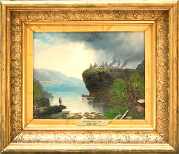 ANDREW MELROSE AMERICAN 1836-1901 "Mandan Village: , MELROSE ANDREW AMERICAN 1836-1901 , "Mandan Village Upper Missouri" , Oil on artist board , 8 3/4 x 10 3/4 in (22.2 x 27.3 cm) , signed lower right , titled in pencil verso Georgia