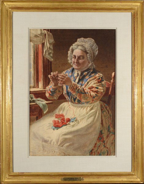 THOMAS WATERMAN WOOD AMERICAN 1823-1903 "Grandma's: , WOOD THOMAS WATERMAN AMERICAN 1823-1903 , "Grandma's Work" Dated 1887 , Watercolor , 21.4 x 14 in (54.36 x 35.56 cm) , signed lower middle Gallery NYC