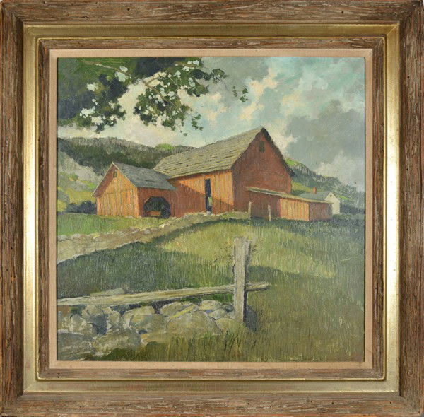 ERIC SLOANE AMERICAN 1905-1985 "The Summer Barn": SLOANE ERIC AMERICAN 1905-1985 , "The Summer Barn" , Oil on masonite , 20 x 20 in (50.8 x 50.8 cm) , signed lower right