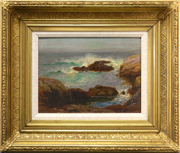 EDWARD HENRY POTTHAST AMERICAN 1852-1927 "Rocky Co: POTTHAST EDWARD HENRY AMERICAN 1852-1927 , "Rocky Coastal Scene" , Oil on academy board , 9 x 12 in (22.9 x 30.5 cm) , signed lower left, PROVENANCE: A letter of authentication from Mary Leonhard Ran 