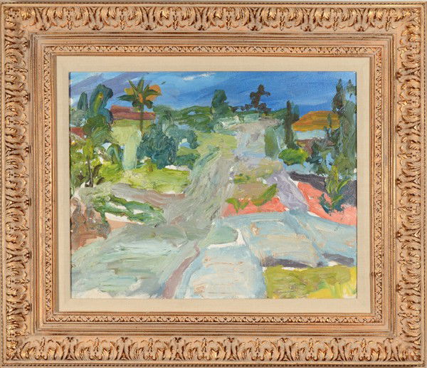 JANET AMENT DE LA ROCHE AMERICAN 1916-2000 "Califo: , DE LA ROCHE JANET AMENT AMERICAN 1916-2000 , "California Landscape" , Oil on Canvas board , 16 x 20 in (40.6 x 50.8 cm) , signed lower right
