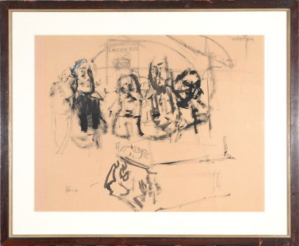 JACK LEVINE AMERICAN 1915-2010: JACK LEVINE (AMERICAN 1915-2010) Passing Comrade MIxed media 18 x 23 in (45.7 x 58.4 cm) signed lower left PROVENANCE: From the Art Institute of Chicago to the Allen Gallery in NYC