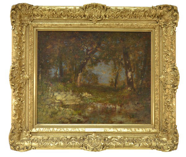 ALEXANDER HELWIG WYANT (N.A.) AMERICAN 1836-1892: ALEXANDER HELWIG WYANT (N.A.) (AMERICAN 1836-1892) Opening in the Woods oil on canvas 17 3/4 x 25 in (45.1 x 63.5 cm) signed lower right Newcomb Macklin Frame, Remnants of Exhibition label verso