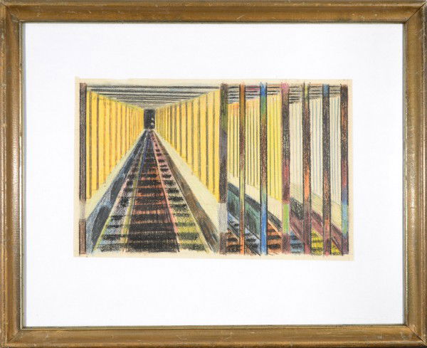 AUGUST MOSCA ( AMERICAN 1909-2002): AUGUST MOSCA (AMERICAN 1909-2002) Subway Structures mixed media 9 1/2 x 14 in (24.1 x 35.6 cm) signed upper left, dated 1948 PROVENANCE: Grand Central Galleries, 50 year retrospective of August Mosca,