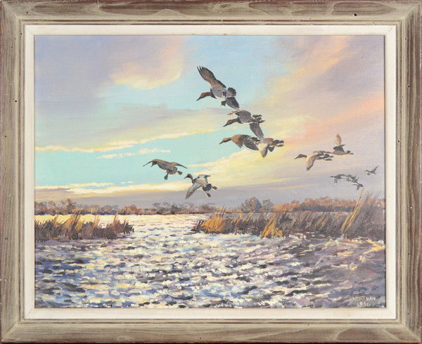 HUGH MONAHAN (AMERICAN 1914-1970): HUGH MONAHAN (AMERICAN 1914-1970) Mallards in Flight oil on canvas 20 x 28 in (50.8 x 71.1 cm) signed lower right, dated 1856 PROVENANCE: Obtained from a private collector in New Canaan, CT