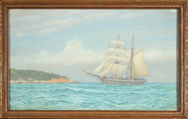 JOHAN SEITS ( POLISH 1887-1967): JOHAN SEITS (POLISH 1887-1967) "Schooner on the Lake" and "Sailboat on the Lake" (2 pieces in this lot) gouache (1)7 1/2 x 12 1/2 (19.1 x 31.8 cm) (2) 8 x 11 5/8 in (20.3 x 29.5 cm) both signed lower 