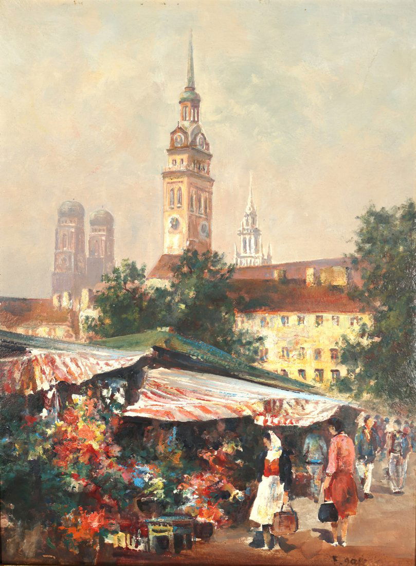 FRANCOIS GALL FRENCH 1912-1987: City with Flower Market, oil on board, 15 3/4 x 11 5/8 in (40 x 29.7 cm), framed 20 x 16 in (50.8 x 40.6 cm), signed lower right, PROVENANCE: Private collector New York