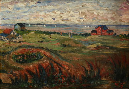 WILLIAM GLACKENS AMERICAN 1870-1938: The Golf Course, oil on canvas laid on board, 5 x 7 in (12.7 x 18 cm), 9 x 10 1/2 in (22.9 x 26.7 cm), initialed lower right