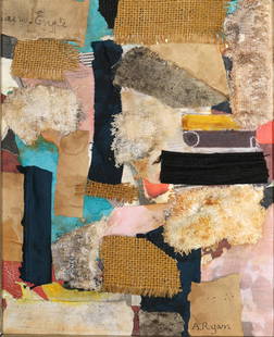 ANNE RYAN AMERICAN 1888-1954: Untitled, collage. fabric and mixed media , 8 x 10 in (20.3 x 25.4 cm), framed 16 1/2 x 18 1/2 in (41.9 x 47 cm) , signed lower right, notation with 1950 date verso