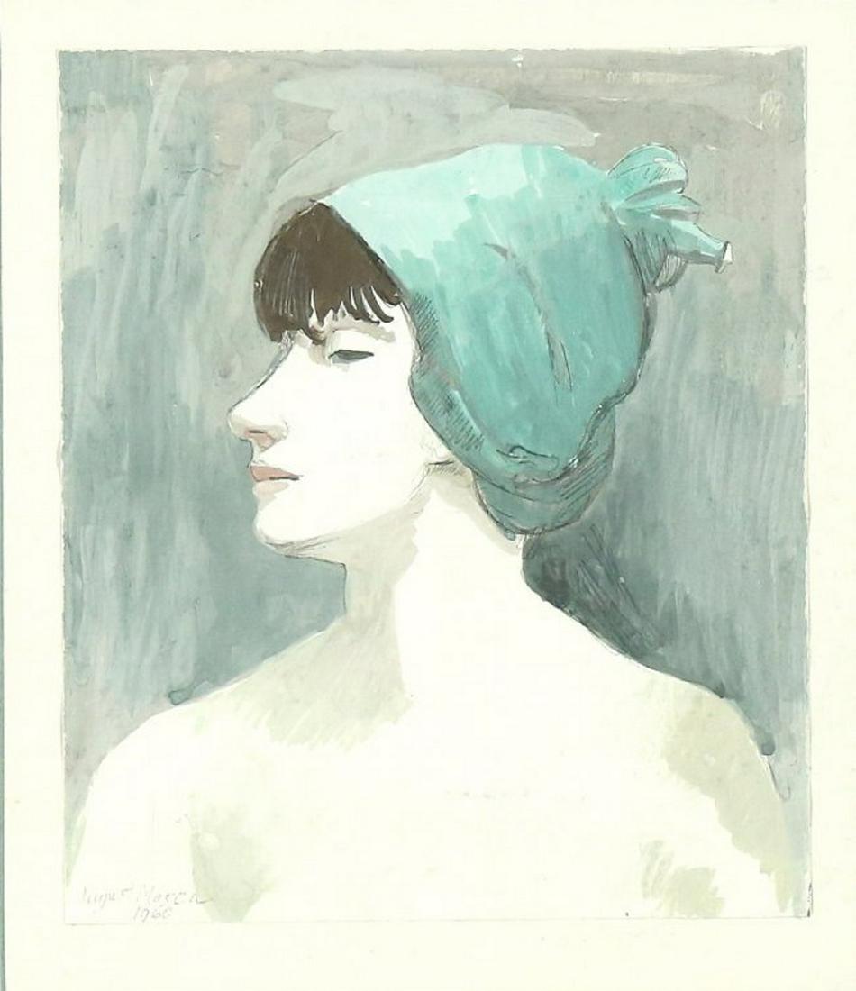 AUGUST MOSCA AMERICAN 1909-2002: Young Woman , watercolor , 7 3/4 x 6 11/2 in (19.6 x 16.5 cm) , signed lower left, Daniel E. Lewitt Gallery label verso indicating a $3000 value, PROVENANCE: Private collector CT