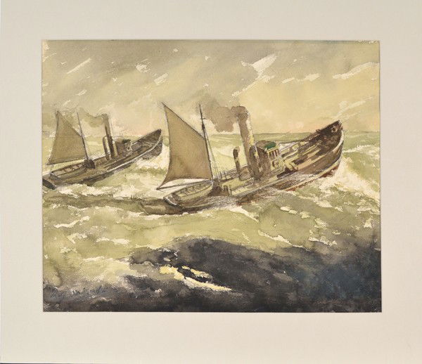 REGINALD MARSH (AMERICAN 1898-1954): REGINALD MARSH (AMERICAN 1898-1954) Ship in Storm 19 x 24 1/8 in (48.3 cm x 61 cm) signed lower left PROVENANCE: Painted in 1947 and acquired directly form the artist by John Wallis, Doyle auction lab