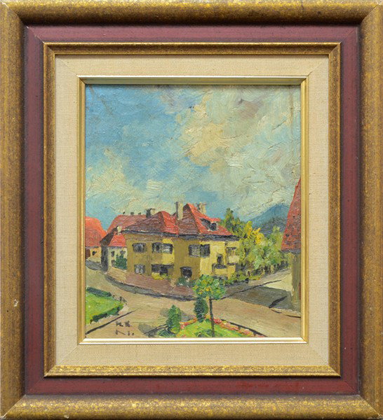 MANE KATZ UKRAINIAN/FRENCH 1894-1962: MANE KATZ UKRAINIAN/FRENCH 1894-1962 "House by the Crossroads" oil on panel 6 3/4 x 7 3/4 in (17.1 x 19.7 cm) Initialed lower left