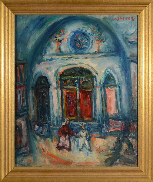 JACQUES ZUCKER POLISH/FRENCH/AMERICAN 1900-1981: JACQUES ZUCKER POLISH/FRENCH/AMERICAN 1900-1981 "Synagogue of the Cabala" oil on board 16 x 13 in (40.6 x 33 cm) signed upper right