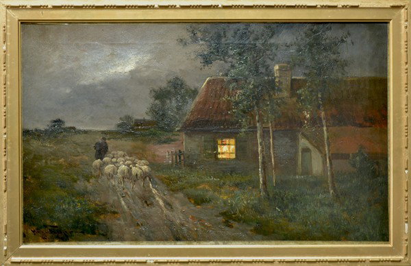 HUGO ANTON FISHER AMERICAN 1854-1916: HUGO ANTON FISHER AMERICAN 1854-1916 "Returning Home with the Flock" oil on canvas 16 x 26 1/8 in (40.6 x 66.4 cm) signed lower left From a private collector in New York