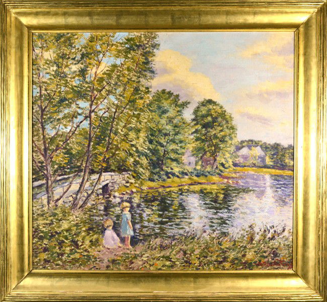 HUGO MELVILLE FISHER AMERICAN 1878-1946: HUGO MELVILLE FISHER AMERICAN 1878-1946 "Two Young Girls By the Lake" Oil on canvas 27 x 30 in (68.6 x 76.2 cm) signed lower right