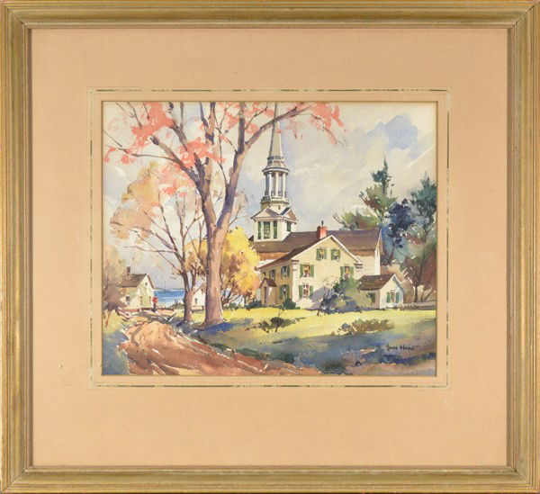 JOHN CUTHBERT HARE (AMERICAN 1908-1978): JOHN CUTHBERT HARE AMERICAN (1908-1978) "Village with Church Steeple" Watercolor 11 x 12 1/2 in (29.2 cm x 31.8 cm)