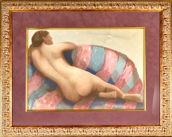 LOUIS WOLCHONOK (POLISH/AMERICAN 1898-1973: LOUIS WOLCHONOK (POLISH/AMERICAN 1898-1973 "Nude on a Striped Sofa" Watercolor 9 1/2 x 13 1/2 in (24.1 x 34.3 cm) signed lower right