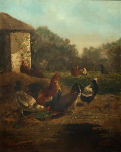 ARTHUR FITZWILLIAM TAIT AMERICAN 1819-1905: Farmyard Scene (1886), oil on canvas laid on board, , 21 x 17 in (53.3 x 43.2 cm), framed: 30 1/2 x 26 1/2 in (77.5 x 67.3 cm), signed and dated lower left (NY 1886)