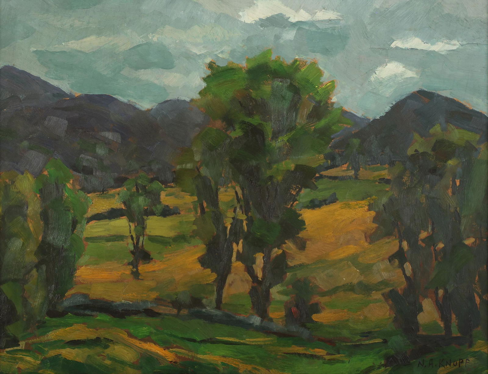 NELLIE AUGUSTA KNOPF AMERICAN 1875-1962: Summer Landscape, oil on masonite, 17 1/4 x 22 in (43.8 x 55.9 cm), framed: 21 x 25 in (53.3 x 66 cm), signed lower left
