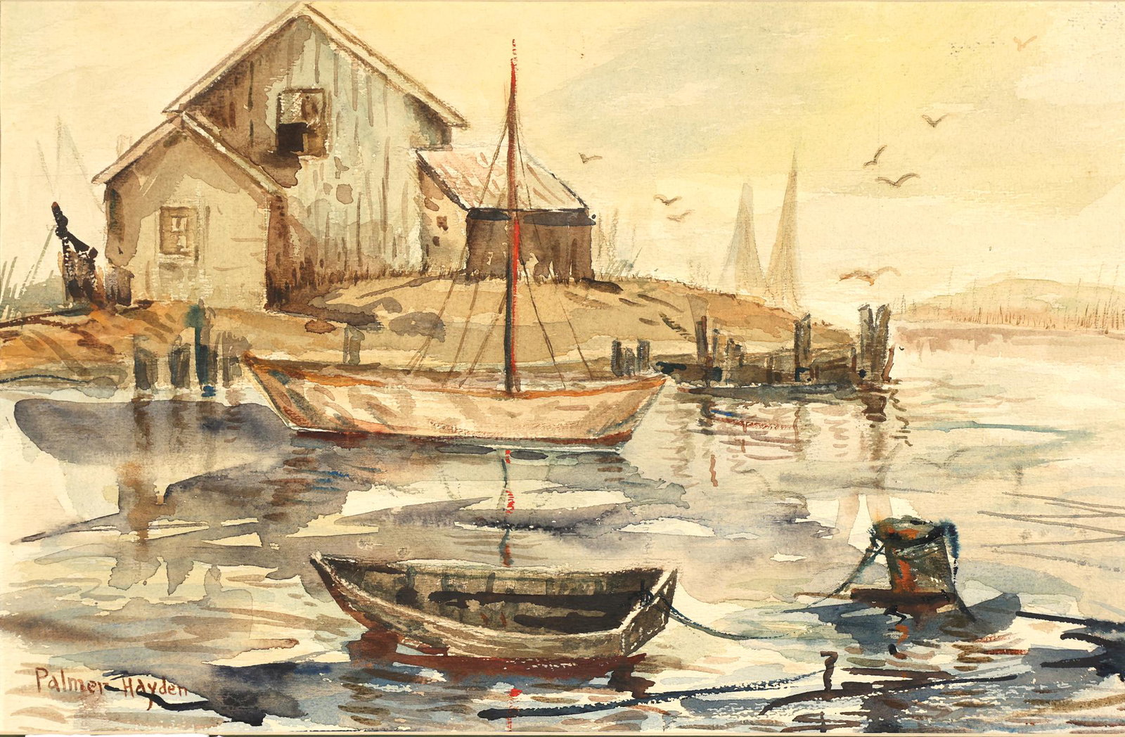 PALMER COLE HAYDEN AMERICAN 1890-1973: Untitled (Boats in a Harbor), watercolor, 11 x 17 in (27.9 x 43.2 cm), framed 21 x 25 in (53.3 x 63.5 cm), signed lower left