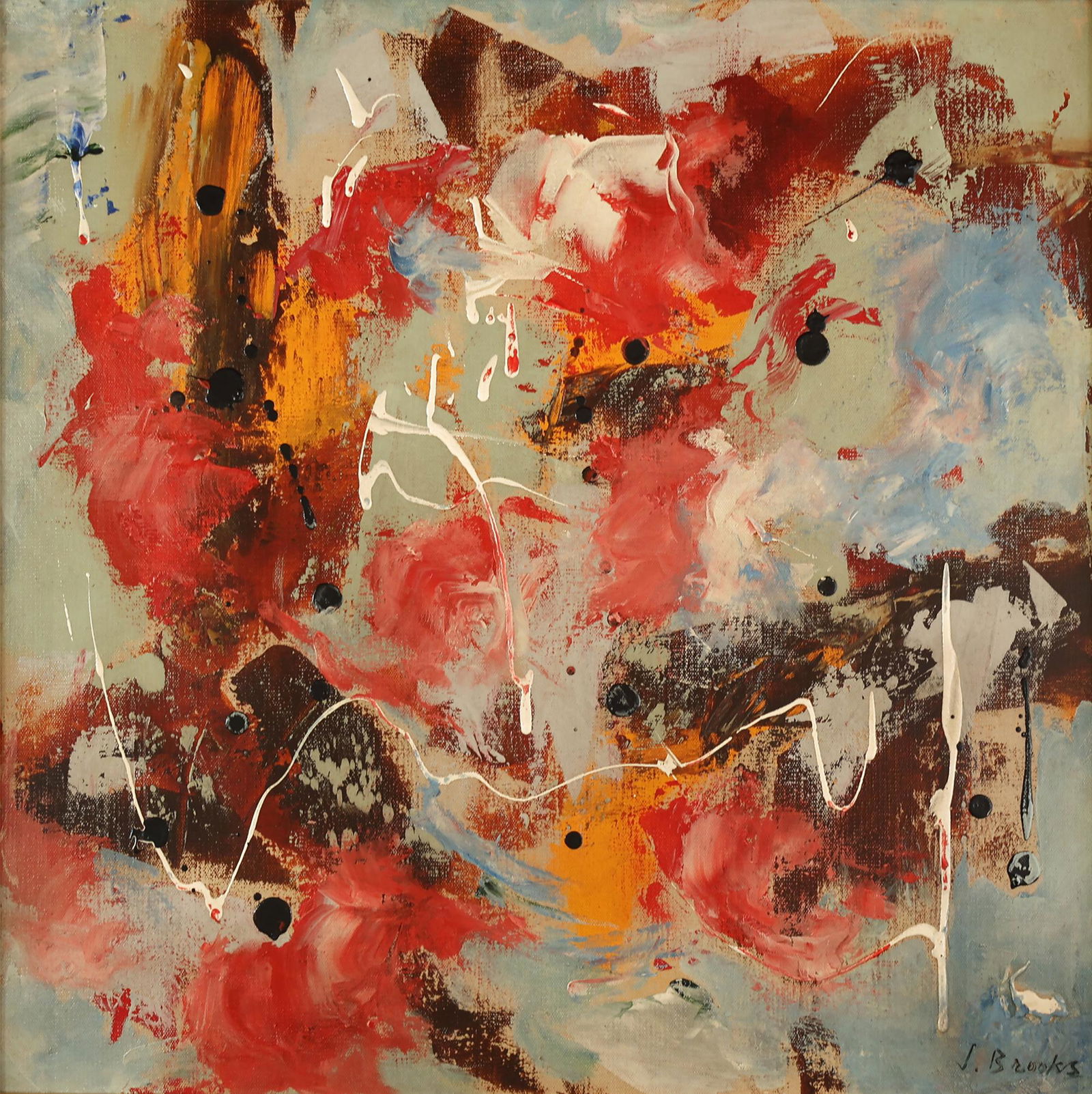 JAMES BROOKS AMERICAN 1906-1992: Abstraction, acrylic on canvas, 23 7/8 x 23 7/8 in, (60.6 x 60.6 cm), framed: 28 x 28 in (71.1 x 71.1 cm), signed lower right,
