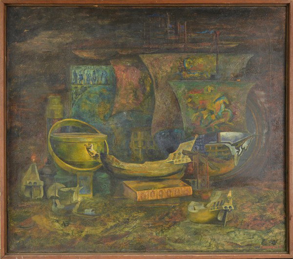 LEV MESHBERG (RUSSIAN/AMERICAN 1933-2007): LEV MESHBERG RUSSIAN/AMERICAN 1933-2007 "Surrealist Still Life" Oil on canvas 34 x 38 1/2 in (86.4 cm x 97.8 cm) signed lower right, dated 1976 verso