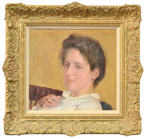 FREDERICK TRAPP FRIIS ( AMERICAN 1865-1909): FREDERICK TRAPP FRIIS AMERICAN 1865-1909 "Portrait of a Woman in a White Dress" Oil on canvas 14 x 15 in (35.6 cm x 38.1 cm,Estate stamp verso