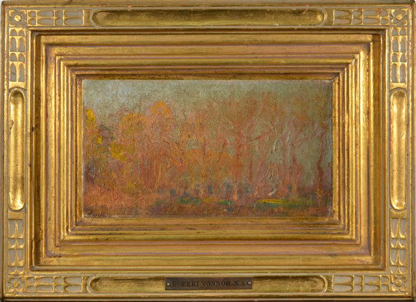 ROBERT WILLIAM VONNOH (AMERICAN 1858-1933): ROBERT WILLIAM VONNOH AMERICAN 1858-1933 "Autumn in Loing" (Grez- Sur Loing) oil on canvas 5 1/2 x 9 3/4 in (14 cm x 24.8 cm) Signed twice lower left and verso, titled verso