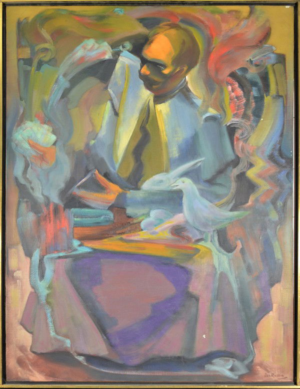 JOSEPH RASKIN (AMERICAN 1897-1981): JOSEPH RASKIN AMERICAN 1897-1981 "The Magician" Oil on canvas 36 x 48 in (91.4 cm x 121.9 cm) signed lower right. Titled verso Exhibition label verso. From the estate of the artist. National academy g