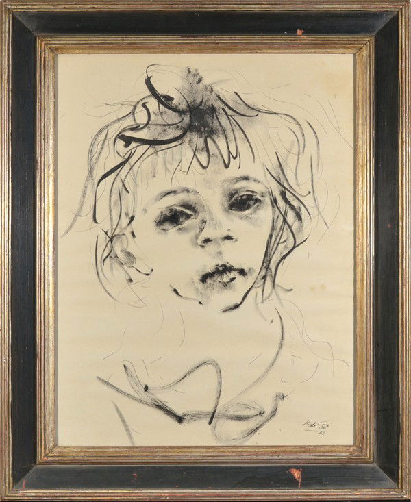 MOSHE GAT (ISRAELI B.1935): MOSHE GAT ISRAELI B.1935 "Head on White Paper" Pen and Ink 25 1/2 x 19 1/2 in (64.8 cm x 49.5 cm) signed lower right, dated 1962 PROVENANCE:Neikrug Gallery, Inc. NYC, NY label verso