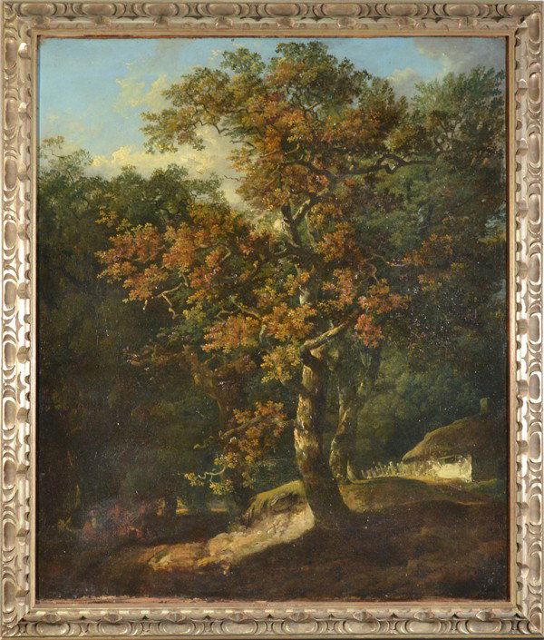 JOHN CROME ( ENGLISH 1768-1821): JOHN CROME ENGLISH 1768-1821 "Cottage with Campfire" Oil on canvas 30 x 25 in ( 76.2 cm x 63.5 cm)