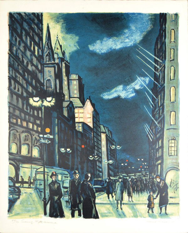 ERNEST FIENE (AMERICAN 1894-1965): ERNEST FIENE GERMAN/AMERICAN 1894-1965 "Evening, 5th Avenue" Lithograph 25 1/2 x 19 3/4 in (64.8 cm x 50.2 cm) Pencil signed lower right
