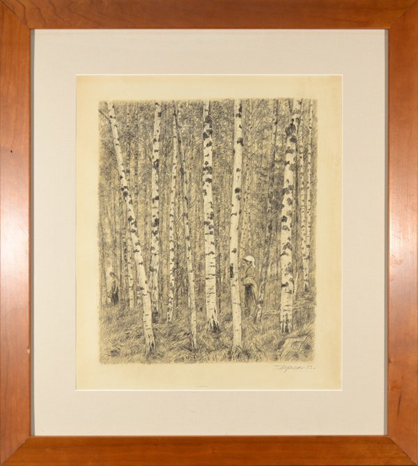 GEORGI SEMYONOVICH VEREISKY RUSSIAN/UKRAINIAN 1886-: GEORGI SEMYONOVICH VEREISKY RUSSIAN/UKRAINIAN 1886-1962 "Women Walking Thru the Woods" Mixed media 17 1/2 x 15 in (44.5 x 38.1 cm)signed and dated lower right