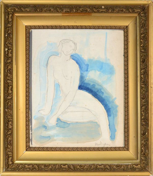AMEDEO MODIGLIANI (ATTR.) ITALIAN 1884-1920 "Seated: AMEDEO MODIGLIANI (ATTR.) ITALIAN 1884-1920 "Seated Nude" Watercolor and pencil 19 7/10 x 15 2/5 in (50 x 39 cm)PROVENANCE: Several gallery labels verso: (1) Arte Moderne, 58 BisRue Notre Dame des Cha