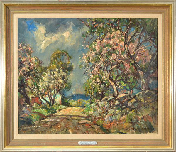 WILLIAM LESTER STEVENS AMERICAN 1888-1969 "Apple B: WILLIAM LESTER STEVENS AMERICAN 1888-1969 "Apple Blossoms" Oil on canvas 25 x 30 in (63.5 cm x 76.2 cm)signed lower right PROVENANCE: Private collection Greenwich, CT.