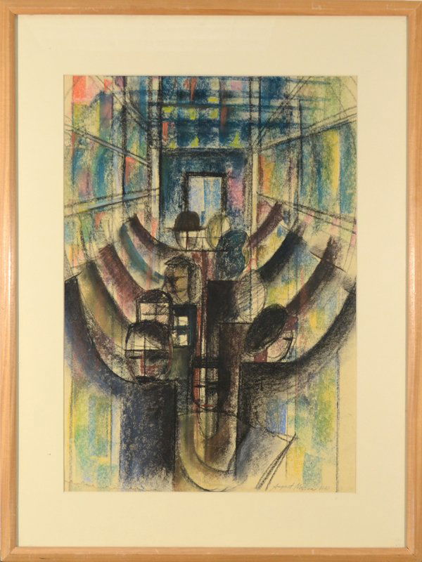 AUGUST MOSCA AMERICAN 1909-2002 "Strap-Hangers", 1: AUGUST MOSCA AMERICAN 1909-2002 "Strap-Hangers", 1940s Pastel 22 x 15 in (55.9 x 38.1 cm)signed lower left PROVENANCE: Daniel Lewitt Gallery, NYC, NY, ACA Gallery, NYC, NY, Grand Central Gallery NYC,N