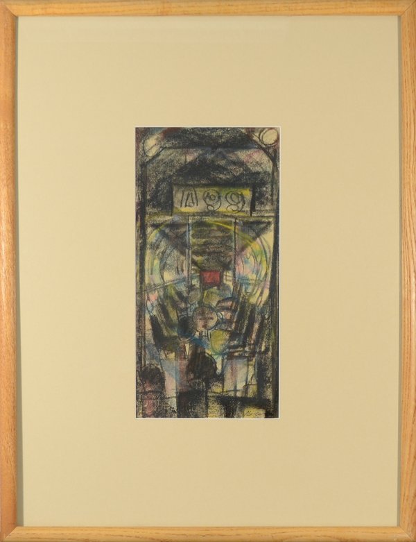 AUGUST MOSCA AMERICAN 1909-2002 "A-99 Strap-Hanger: A-99 Strap-Hangers, 1940 Pastel 7 x 14 in ( 17.8 x 35.6 cm) signed lower right, dated 1940 PROVENANCE: Daniel Lewitt Gallery, NYC, NY, ACA Gallery, NYC, NY, Grand Central Gallery NYC,NY labels verso .