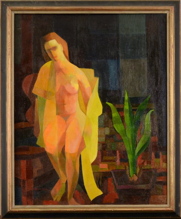 AUGUST MOSCA AMERICAN 1909-2002 "Nude with a Plant: AUGUST MOSCA AMERICAN 1909-2002 "Nude with a Plant", 1952 Oil on canvas 30 x 24 in (76.2 x 61 cm)signed upper left, dated 1952 on stretcher