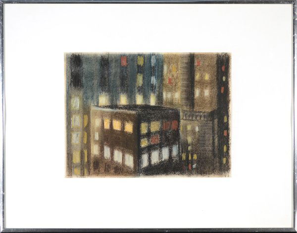 AUGUST MOSCA AMERICAN 1909-2002 "Buildings at Nigh: AUGUST MOSCA AMERICAN 1909-2002 "Buildings at Night Manhattan," 1947 Pastel 7 1/2 x 10 in (19.1 x 25.4 cm)signed lower left PROVENANCE: Daniel Lewitt Gallery, NYC, NY, ACA Gallery, NYC, NY, Grand Cent