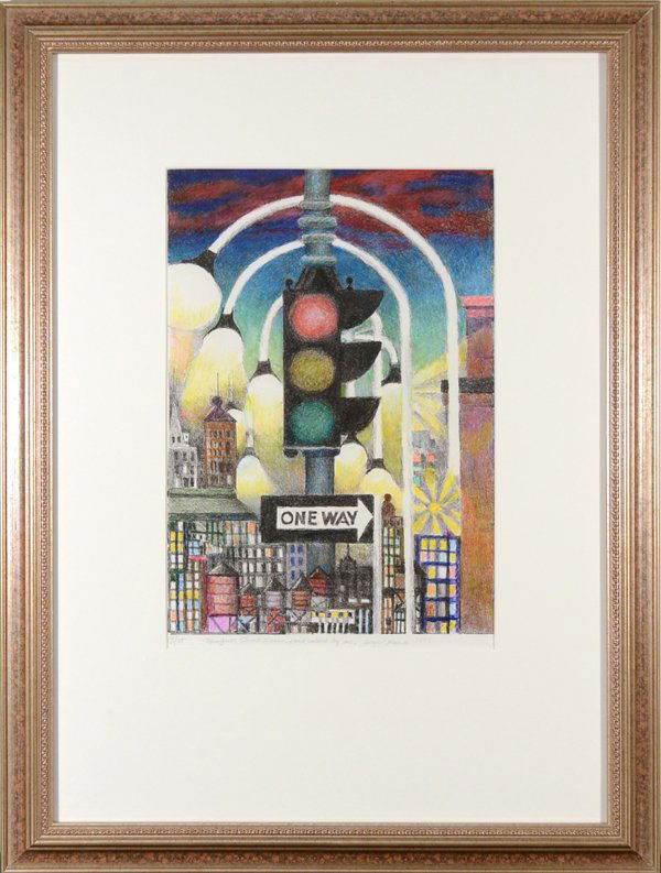 AUGUST MOSCA AMERICAN 1909-2002 "One Way", 1997: AUGUST MOSCA AMERICAN 1909-2002 "One Way", 1997 Hand colored lithograph 13 1/4 x 9 1/4 in (33.7 x 23.5 cm)pencil signed signed lower right, Edition 13/25, titled lower left