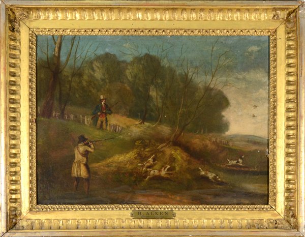 SAMUEL HENRY GORDON ALKEN BRITISH 1810-1894 "Woodc: SAMUEL HENRY GORDON ALKEN BRITISH 1810-1894 "Woodcock Shooting" Oil on canvas 14 x 18 in (35.6 x 45.7 cm)original frame with artist plaque PROVENANCE: Sticker with inventory number verso #2112, noting