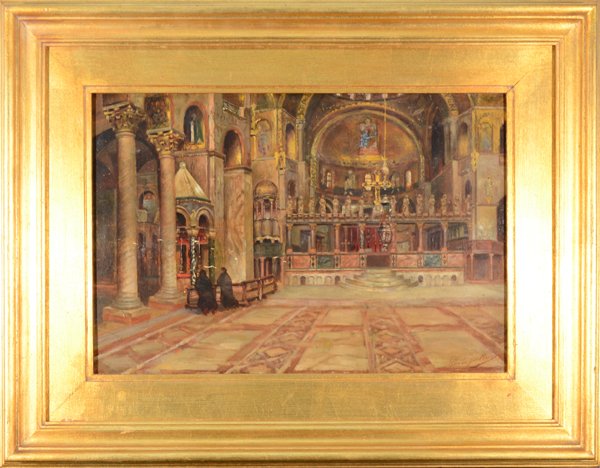 CONTINENTAL SCHOOL CONTINENTAL SCHOOL "Cathedral: CONTINENTAL SCHOOL CONTINENTAL SCHOOL "Cathedral Interior" Oil on panel 10 x 15 in (25.4 x 38.1 cm)signed indistincly lower right. PROVENANCE: Kistler Fine Arts, NJ