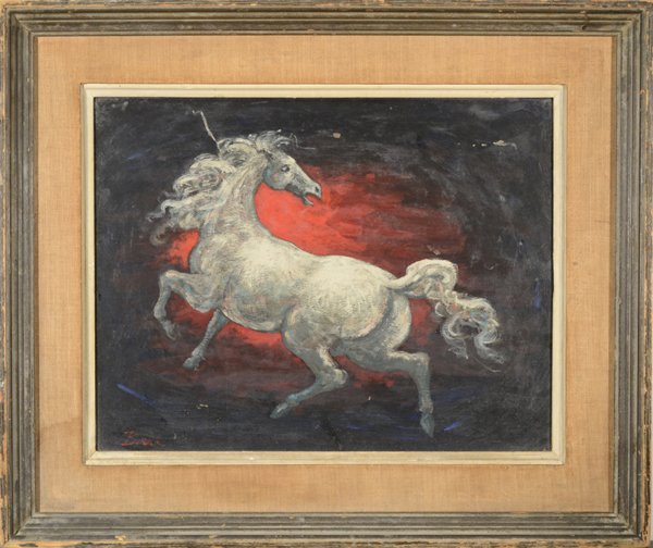 CHARLES J. BURDICK AMERICAN B.1924 "Prancing Whit: CHARLES J. BURDICK AMERICAN B.1924 "Prancing White Horse" Oil on artist board 14 x 18 in (35.6 x 45.7 cm)signed lower left