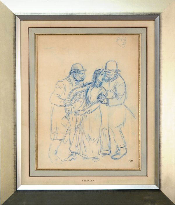 THEOPHILE ALEXANDRE STEINLEN SWISS/FRENCH 1859-1923: THEOPHILE ALEXANDRE STEINLEN SWISS/FRENCH 1859-1923 "Three Figures" Crayon 19 3/4 x 14 3/4 in (50.2 x 37.5 cm) Initialed lower right
