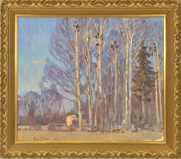 IGOR GRABAR RUSSIAN 1872-1960: IGOR GRABAR RUSSIAN 1872-1960 "Birch Trees" Oil on board 19 1/2 x 20 1/2 in (49.5 x 52.1 cm) signed lower left