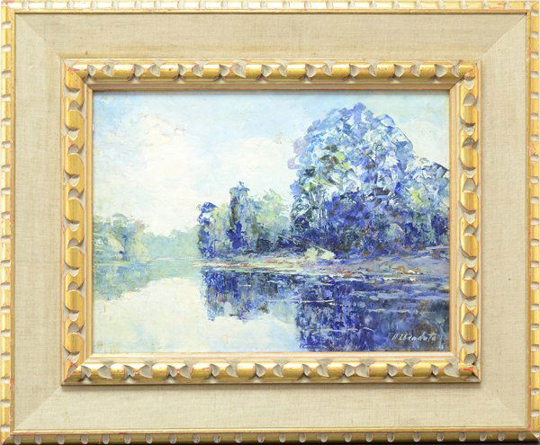 NINA ZBANDUTO RUSSIAN 20th Century: NINA ZBANDUTO RUSSIAN 20th Century "Lakeside Reflection" Oil on masonite 9 1/4 x 12 in (23.5 x 30.5 cm) Signed lower right