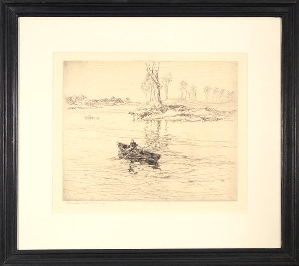 CHARLES WOODBURY AMERICAN 1864-1940: CHARLES WOODBURY AMERICAN 1864-1940 "Rowboat" Etching 8 3/4 x 10 7/8 (22.2 x 27.6 cm) signed lower left Cincinnati Art Gallery label verso, "Paint the Coast", Charles Kaelin, Edward Pothast, May 5th 2