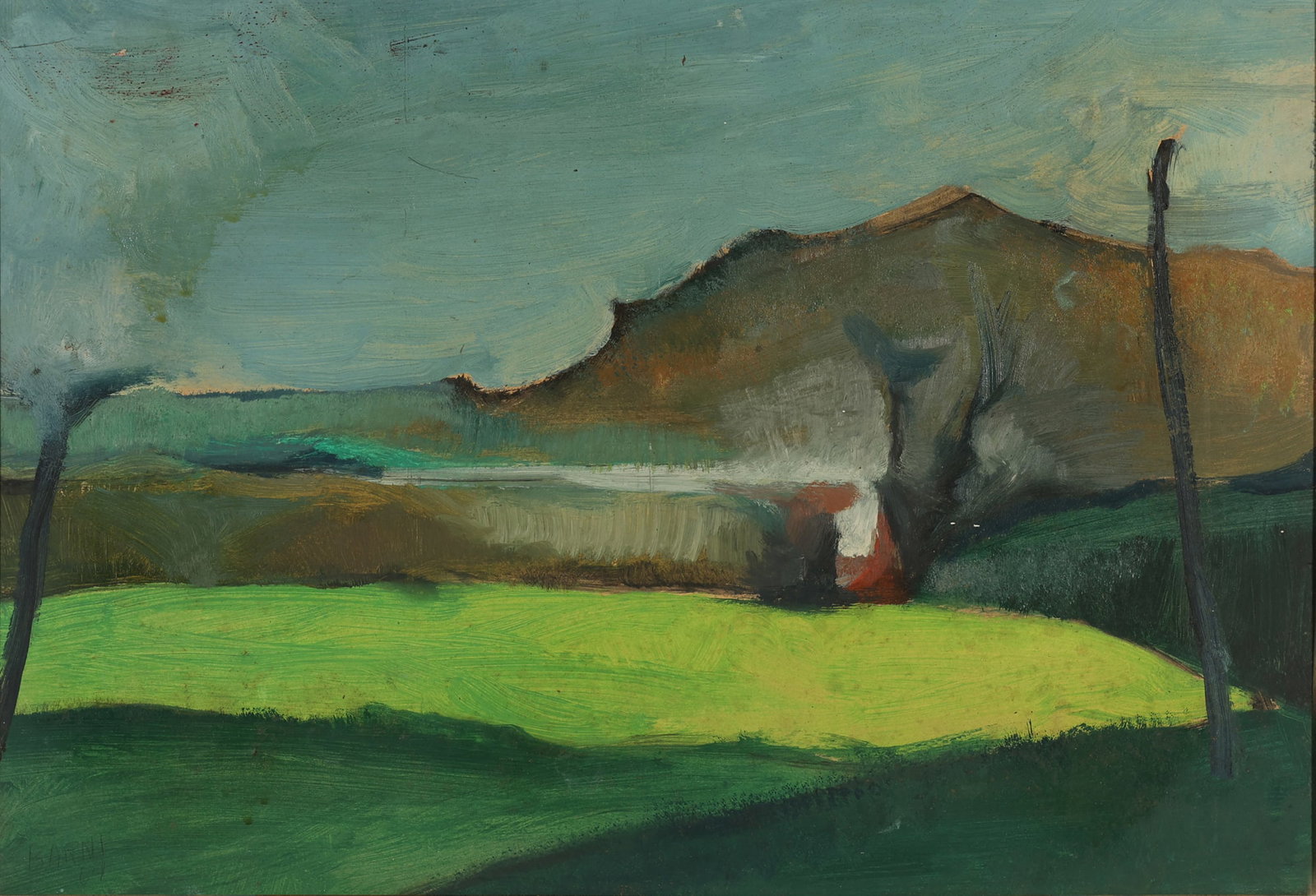 EZIO BARNI ITALIAN 1926-1997: Meadow, 1964,oil on canvas, 13 x 18 3/4 in (33 x 47.6 cm), framed 18 x 24 in (45.7 x 61 cm), signed lower left, titled verso, PROVENANCE: Rachelle Frankel Gallery, 482 3rd Ave. NY, NY by descent to fa