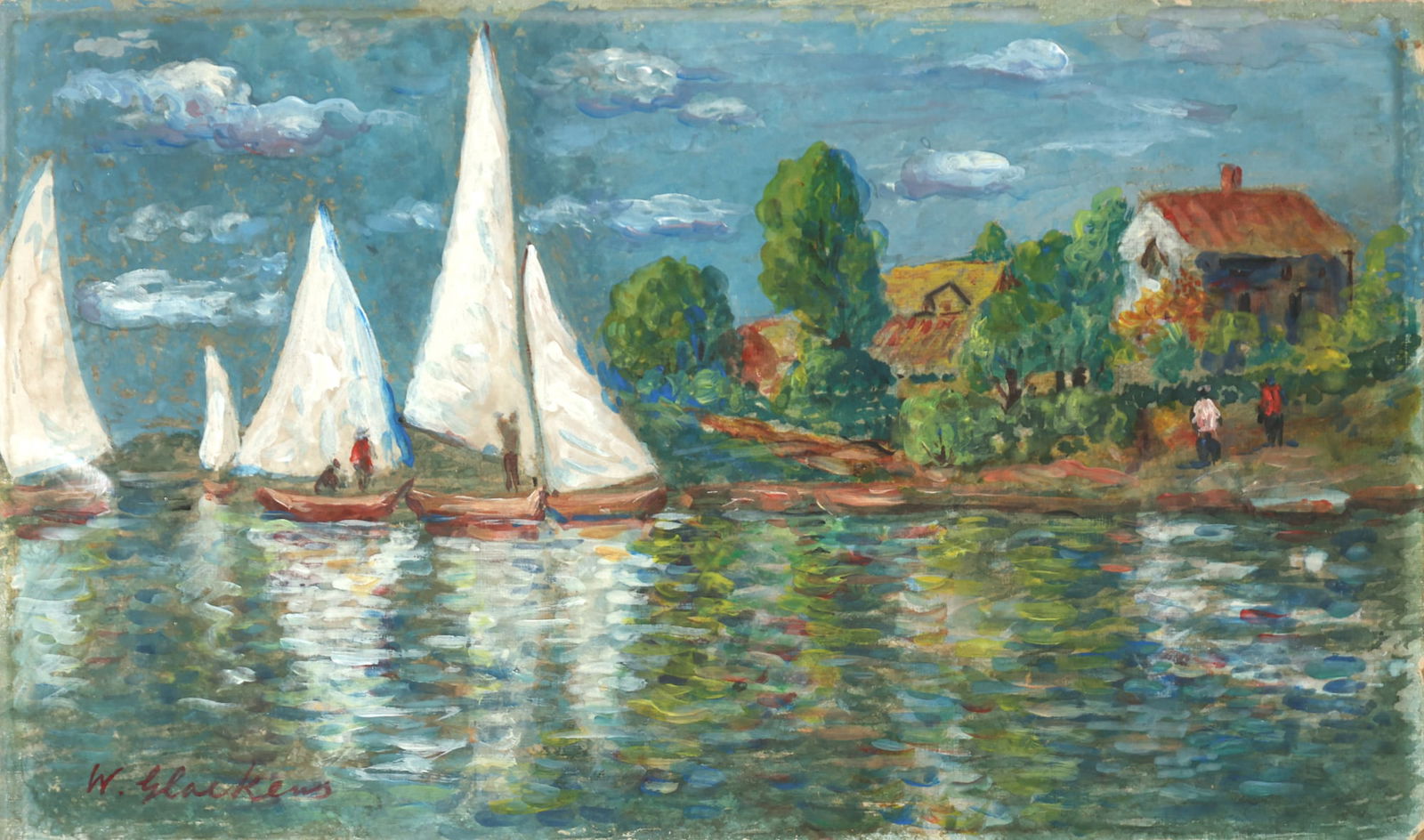 WILLIAM GLACKENS AMERICAN 1870-1938: Sailboats by the Shore, mixed media on board, 7 x 11 1/2 in (17.7 x 29.2 cm), framed 12 1/2 x 16 in (32 x 40.6 cm), signed lower left, PROVENANCE: Private collection Long Island, NY