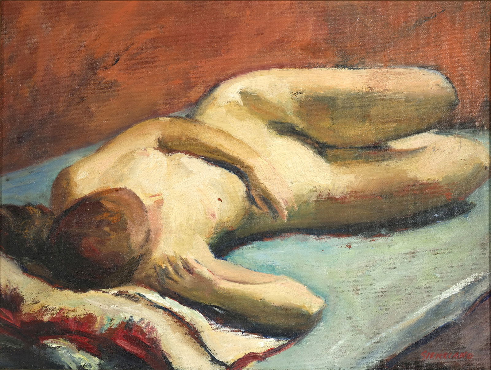 THOMAS J. STRICKLAND AMERICAN 1932-1999: Reclining Nude, oil on masonite, 12 x 16 in (30.5 x 40.6 cm), framed 17 1/2 x 21 1/2 in (44.6 x 54.6 cm), signed lower right and signed additionally verso, PROVENANCE: Rachelle Frankel Gallery, 482 3r
